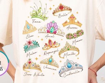 Comfort Colors® Disney Princess Crown Shirt, Cinderella Belle Rapunzel Ariel Snow White, Girls Disney Trip Shirts, Magic Kingdom, WDW Trip