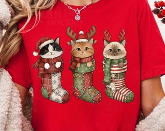 Christmas Cat Stocking Shirt, Festive Holiday Tee, Meowy Christmas Shirt, Cat Christmas Sweatshirt, Cat Lover Christmas Shirt, Xmas Cat Tees
