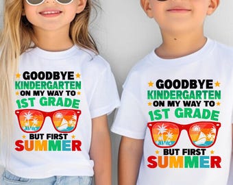 Adiós al jardín de infancia, camino a primer grado. Camiseta del último día de jardín de infancia. Camiseta de vacaciones de verano para niños. Regalo de graduación para niños.