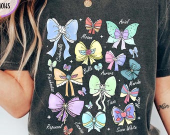 Comfort Colors® Coquette Bows Princesses Characters Shirts, Cinderella Snow White Ariel Rapunzel Tee, Girl Disney Trip, Disney Princess Tees