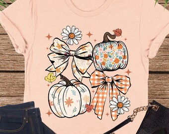 Floral Fall Pumpkin Shirt, Boho Fall Shirt, Pumpkin Bow Shirt, Autumn Vibes, Cute Thanksgiving Shirt, Coquette Fall Shirt, Women Fall Tshirt