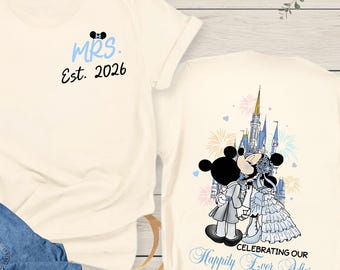 Camiseta personalizada de Mickey y Minnie para pareja en Disney: "Felices para siempre", camisetas con orejas de Sr. y Sra., viaje de luna de miel con el castillo de Disneyland de WDW y su esposa.