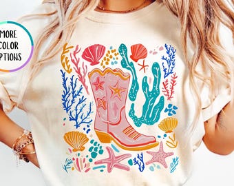 Comfort Colors® Boho Coastal Cowgirl Shirt, Western Beach T-shirt, Cowboy Boot Shirt, Seashells Tee, Summer Vacation Tee, Beachy Cowgirl Tee