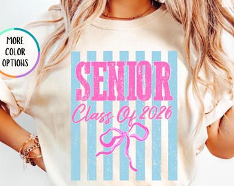 Comfort Colors® Senior Class of 2026 Shirt, Coquette Bow Graduation T-Shirt, Pink and Blue Striped Grad Gift, High School Senior Shirt