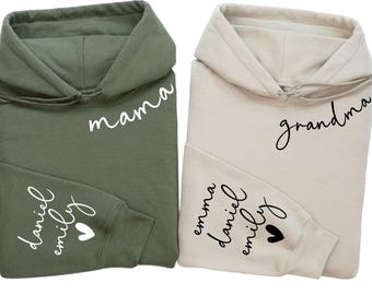 Personalized Mama Hoodie with Kids Names on Sleeve, Custom Grandma Sweatshirt, Mother's Day Gift, Grandkids Name Apparel, New Mom Crewneck