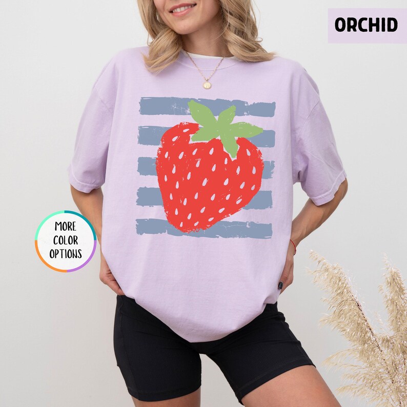 Comfort Colors® Striped Strawberry Shirt, Pastel Stripes Fruit Tee, Summer Vibes T-shirt, Coquette Berry Shirt, Hand Drawn Strawberry Shirt image 9
