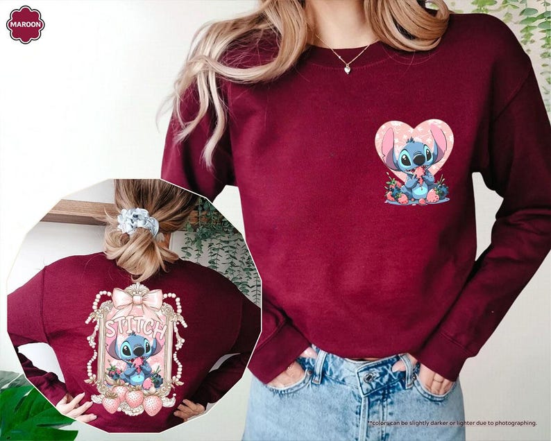 Puede incluir: Sudadera granate con gr&aacute;ficos de Stitch en la parte delantera y trasera. La parte delantera presenta a Stitch en un coraz&oacute;n. La parte trasera tiene a Stitch en un marco decorativo con la palabra "Stitch".