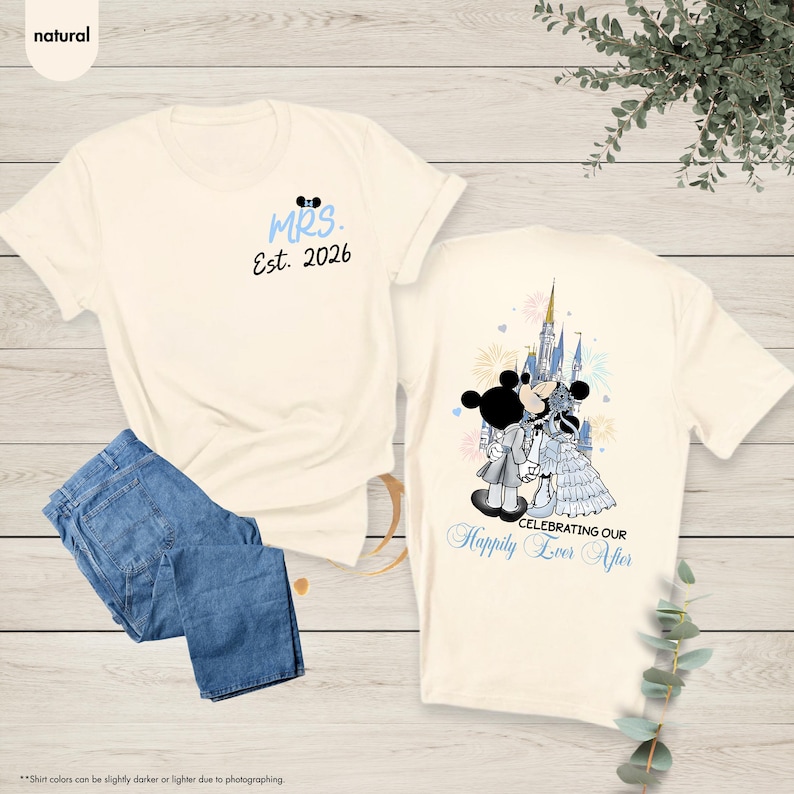Custom Mickey Minnie Couple Disney Wedding Happily Ever After Shirt, Mr Mrs Ears T-Shirts, WDW Disneyland Castle Wife Husband Honeymoon Trip image 1