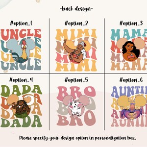 May include: Image features six design options for a product, each with a different character or text. The designs include the words "UNCLE", "MIMI", "MAMA", "DADA", "BRO", and "AUNTIE", with corresponding cartoon characters. Text at the bottom reads "Please specify your design option in personalization box."
