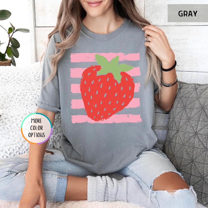 Comfort Colors® Striped Strawberry Shirt, Pastel Stripes Fruit Tee, Summer Vibes T-shirt, Coquette Berry Shirt, Hand Drawn Strawberry Shirt image 14