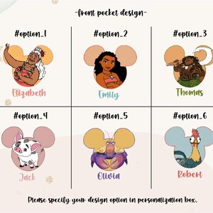 May include: A design options chart featuring six cartoon character illustrations within Mickey Mouse ear shapes. Each design has a name below it: Elizabeth, Emily, Thomas, Jack, Olivia, and Robert. The text "-front pocket design-" and "Please specify your design option in personalization box." are also present.