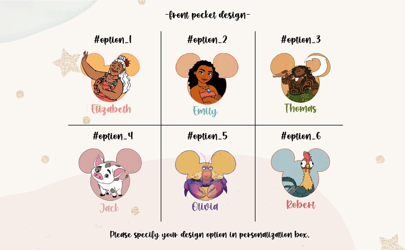 May include: A design options chart featuring six cartoon character illustrations within Mickey Mouse ear shapes. Each design has a name below it: Elizabeth, Emily, Thomas, Jack, Olivia, and Robert. The text "-front pocket design-" and "Please specify your design option in personalization box." are also present.