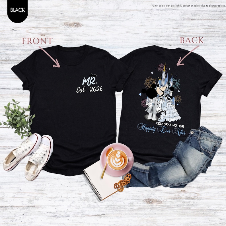 Custom Mickey Minnie Couple Disney Wedding Happily Ever After Shirt, Mr Mrs Ears T-Shirts, WDW Disneyland Castle Wife Husband Honeymoon Trip image 8