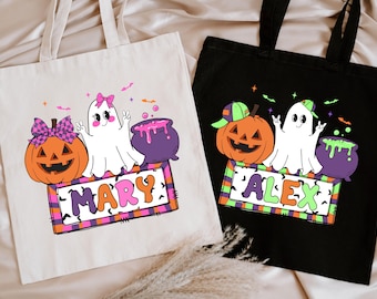 Bolso de mano personalizado para Halloween, bolso personalizado con nombre, fantasma y calabaza, bolso para pedir dulces, bolso de lona, ​​regalo de temporada espeluznante, bolso de Halloween para niños