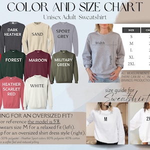 a women's sweatshirt with the text, color and size chart