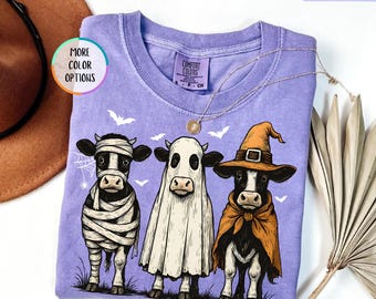 Comfort Colors® Halloween Cow Shirt, Ghost Cow Shirt, Cow Lover Tee, Halloween Party Tee, Cow Halloween Gift, Halloween Shirt, Witch Cow Tee
