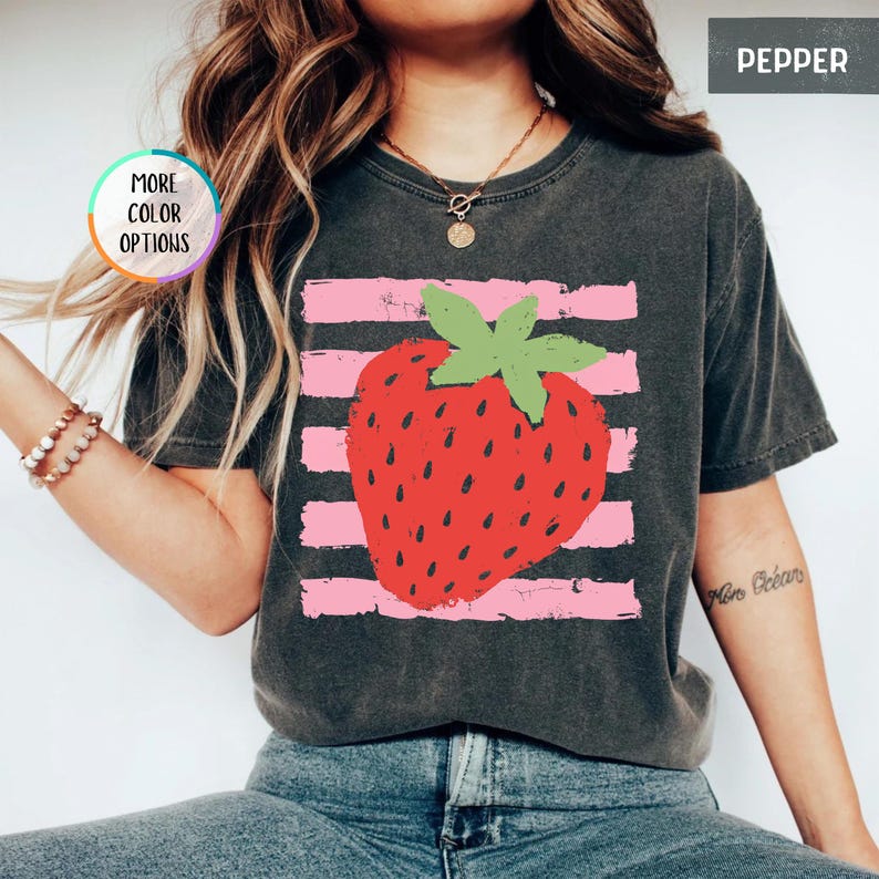 Comfort Colors® Striped Strawberry Shirt, Pastel Stripes Fruit Tee, Summer Vibes T-shirt, Coquette Berry Shirt, Hand Drawn Strawberry Shirt image 17