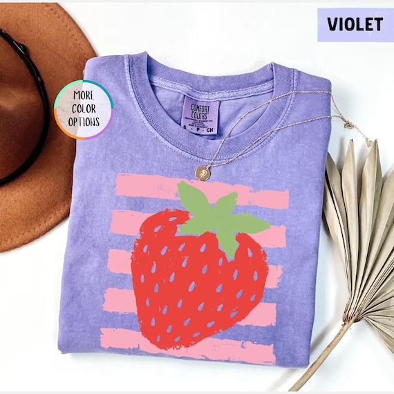 Comfort Colors® Striped Strawberry Shirt, Pastel Stripes Fruit Tee, Summer Vibes T-shirt, Coquette Berry Shirt, Hand Drawn Strawberry Shirt