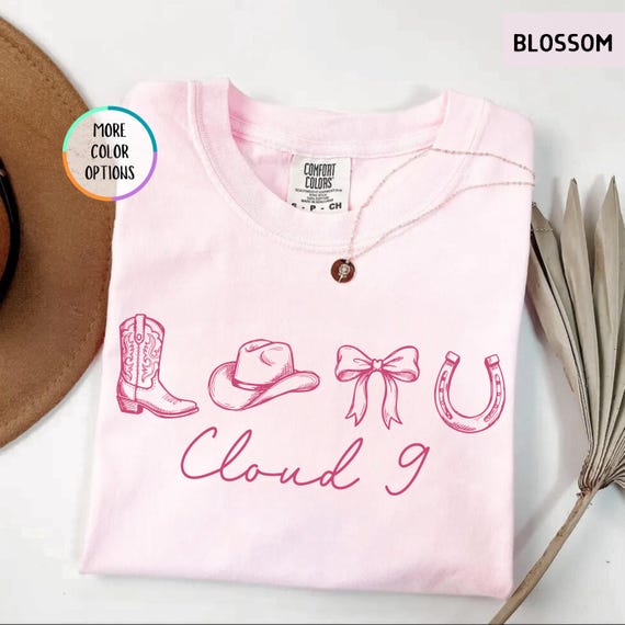 Comfort Colors® Cloud 9 Cowboy Shirt, Pink Western Boot Tee, Coquette Cowgirl T-shirt, Girly Country Music Shirt, Bow and Horseshoe Tee,