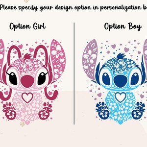 May include: A graphic featuring two stylized cartoon characters, one pink and one blue, with floral and heart patterns. The text above reads "Please specify your design option in personalization box." Below each character is the text "Option Girl" and "Option Boy."