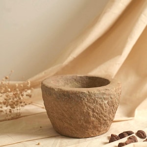 Vintage Kalkstein Mörser, Hand gemeißelte Kräutermühle, dekorativer Pflanzer