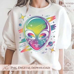Rainbow Alien PNG | Trippy Space Girl Design | Colorful Galaxy Face Art | Pastel UFO Shirt Graphic | Psychedelic Sublimation File