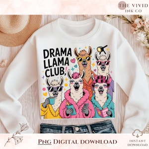 Drama Llama Club PNG & SVG | Funny Llama Group Design | Sassy Animal Illustration | Cute Retro Cartoon Style | Animal Sublimation Artwork