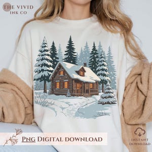 Winter Cabin PNG & SVG | Snowy Forest House Scene | Rustic Log Cabin Design | Cozy Christmas Shirt Art | Holiday Sublimation