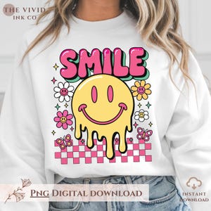 Smile PNG SVG | Melting Smiley Face | Retro Groovy Flower PNG | Bright Happy Sublimation Design | Digital Download