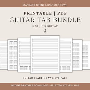 May include: A collection of printable guitar tab sheets. The text reads "PRINTABLE | PDF GUITAR TAB BUNDLE" and "GUITAR PRACTICE VARIETY PACK". The sheets are US Letter size (8.5 x 11 in).