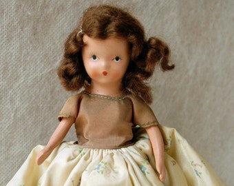 Nancy Ann Storybook Doll Bisque Play Doll of the Month November Lass to Cheer #197, Vintage 1940s 6 1/2 Inch Brown Hair Girl With Stand