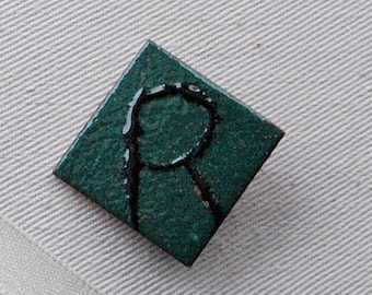 Initial Brooch Pin Letter R Enamel and Copper Pin Jewelry, Square Black and Green Brooch, Minimalist, Vintage 1990s Gender Neutral Accessory