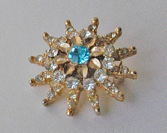 Starburst Brooch Rhinestone Pin Gold Tone Jewelry, Dazzling Blue and Clear Stones, Sparkling Statement Brooch with Rhinestones for Her