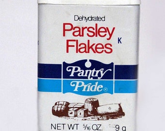 Parsley Flakes Spice Can, Vintage Tin, 1970s Pantry Pride Herb Food Seasoning, Supermarket Brand