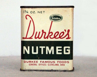 Durkee Nutmeg Tin Can Antique Spice Tin, Vintage 1950s Food Seasoning Container, Small Size Metal Box, Condiment Can, Kitchen Display Gift