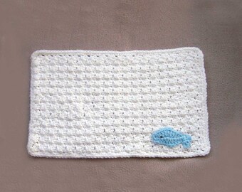 Cat Placemat for Food, Crochet Fish Mat 14 by 8 inches Feeding Station Mat, Pet Bowl Rug, Small White Runner with Blue Fish, Cat Lover Gift