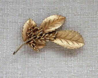 BSK Leaf Brooch Gold Tone Designer Pin Signed BSK Costume Jewelry Elegant Large Vintage Mid Century Fashion Pin, Steinberg Slovitt and Kasko