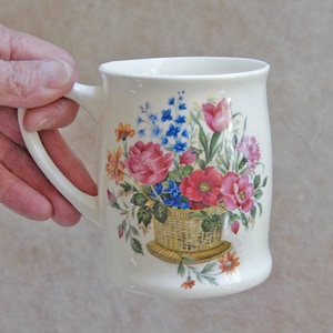 St. George Fine Bone China Mug, Made in England, Vintage 1980s British Tea Time Cup, Floral Pattern Coffee Mug, Baskets of Flowers Design