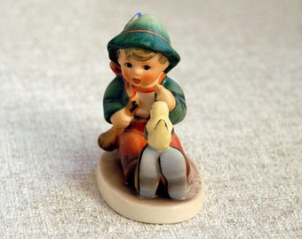 Goebel Hummel Ceramic Figurine Singing Lesson Boy with Bird Statue TMK-5 The Last Bee West Germany Vintage 1970s Knickknack Marked #63