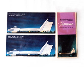 Two World's Fair Futurama Postcards and Brochure, General Motors New York Worlds Fair Memorabilia, GM Historical Vintage 1964-1965 Souvenirs