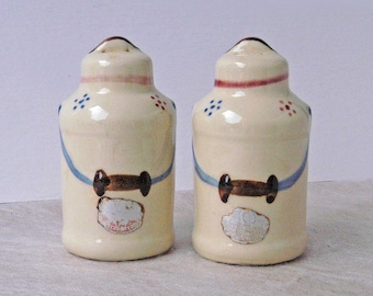 Shawnee Salt and Pepper Shakers Milk Cans Set Ceramic Pottery Hand Decorated Pair Vintage 1940s Country Farmhouse Kitchen Decor Gift for Mom