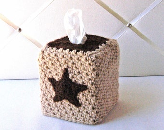 Primitive Star Decor Tissue Box Cover Rustic Square Brown and Beige Crochet Cozy, Cube Tissue Holder, Country Farmhouse Home Decor Gift