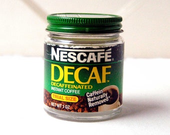 Nescafe Coffee Jar Instant Decaf Trial Size 1 oz Clear Glass Bottle, Metal Screw-On Lid Vintage 1970s Mini Nestle Food Container Collectible