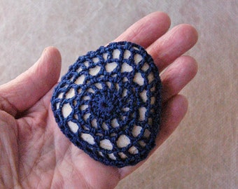 Crochet Stone White Rock Navy Blue Thread Art Object Decor, Modern Table Paperweight, Meditation Rock, Worry Stone, Unique Calming Zen Gift