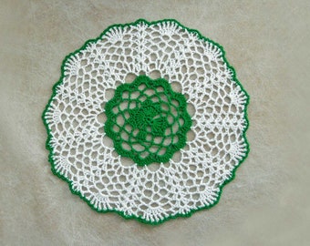 Irish Shamrock Decor Crochet Lace Doily, Green and White 10 Inch Doily Modern Home Decor Table Mat, Lucky Clover Accent, Gift for Mom