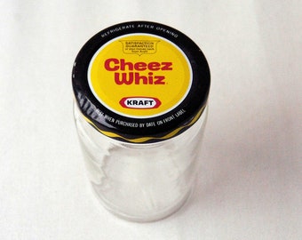 Kraft Cheez Whiz Jar with Lid Clear Glass Bottle Metal Screw-On Lid Brockway Glass Co Vintage 1970s Kitchen Food Container Cheese Spread Jar