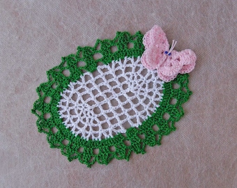 Pink Butterfly Crochet Lace Doily Green and White Oval Table Mat, Decorative, Small Oblong Tabletop Accent, Modern Cottage Home Decor Gift