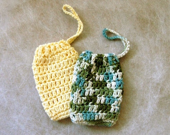 Soap Saver Bags Cotton Crochet Set of 2  Sacks Drawstring Pouches, Bath and Shower Essentials Soap Holders Eco Friendly Reusable Sustainable