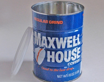 Vintage Maxwell House 1 lb Coffee Can, 1980s Metal Container, Cover, General Foods Tin