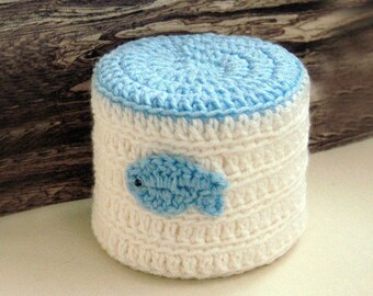 Fish Bathroom Decor Toilet Paper Cover Crochet Cozy Spare Roll Holder Blue and White Modern Coastal Home Decor, Nautical Gift for Fisherman
